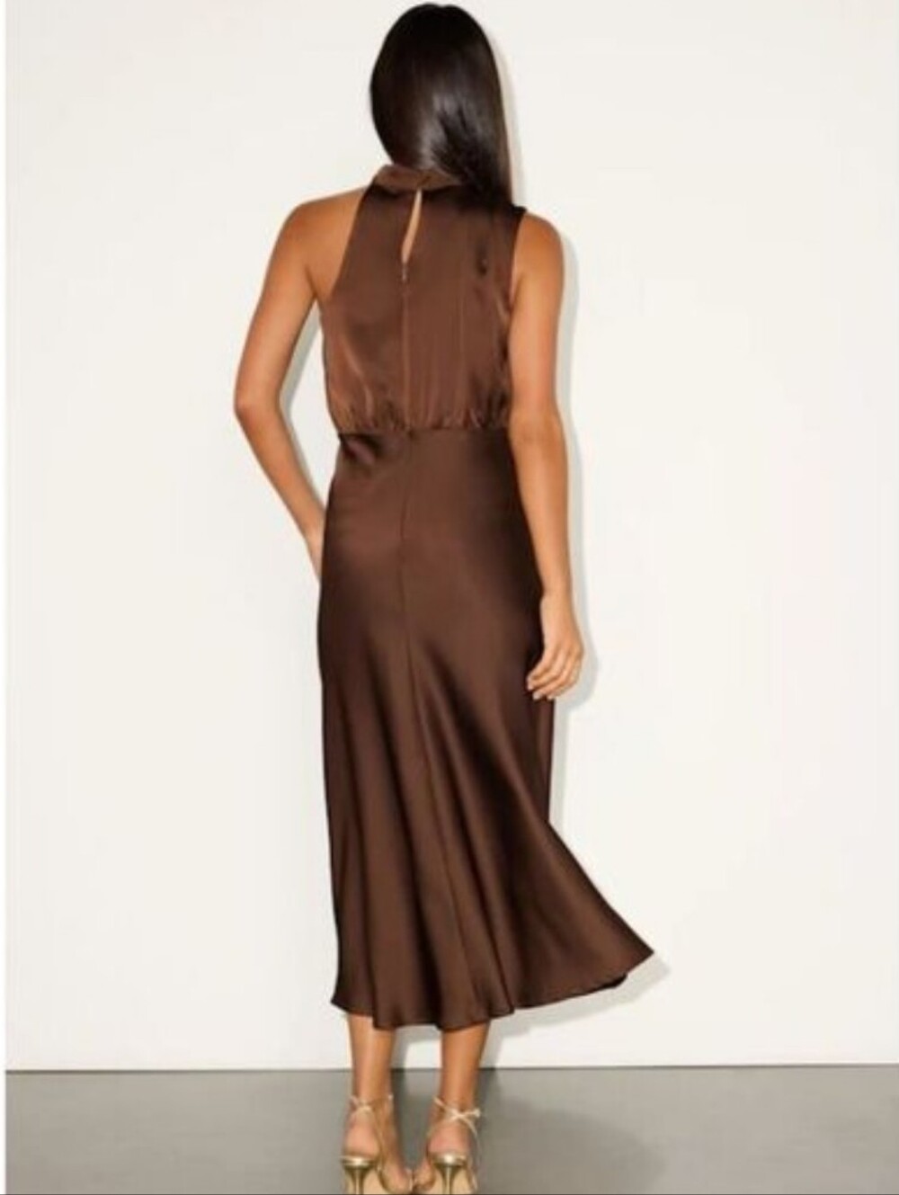 Cherley Chocolate Satin Asymmetrical High-Neck Midi Dress - Picture 2 of 9